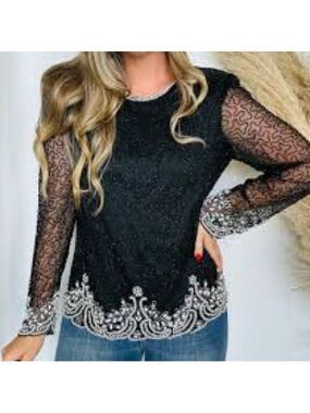 Vintage Laurence Kazar Beaded Lace Top Evening Formal Black Tie Wedding Guest